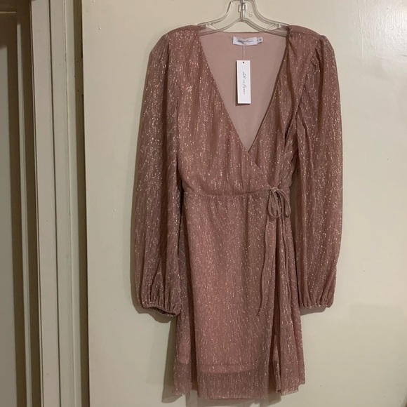All in Favor Mauve Metallic Shimmering V-Neck Long Sleeve Dress. Size Small - Picture 13 of 14